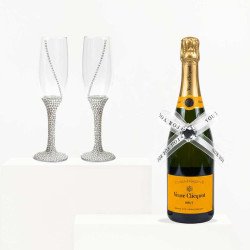 Veuve Clicquot Champagne And Flutes Adorned with Pearls & Rhinestones
